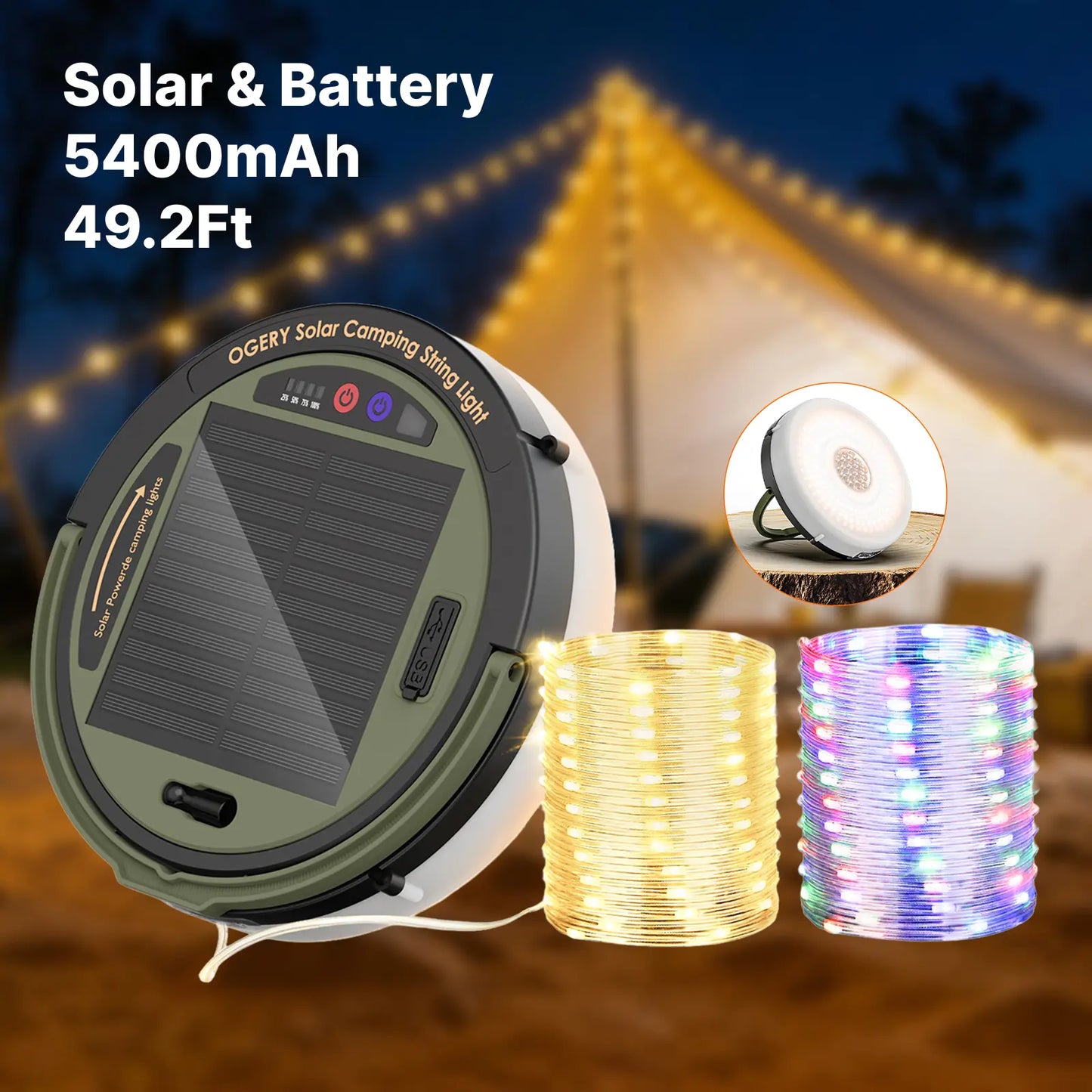 Solar Camping String Lights – 49.2FT Retractable LED